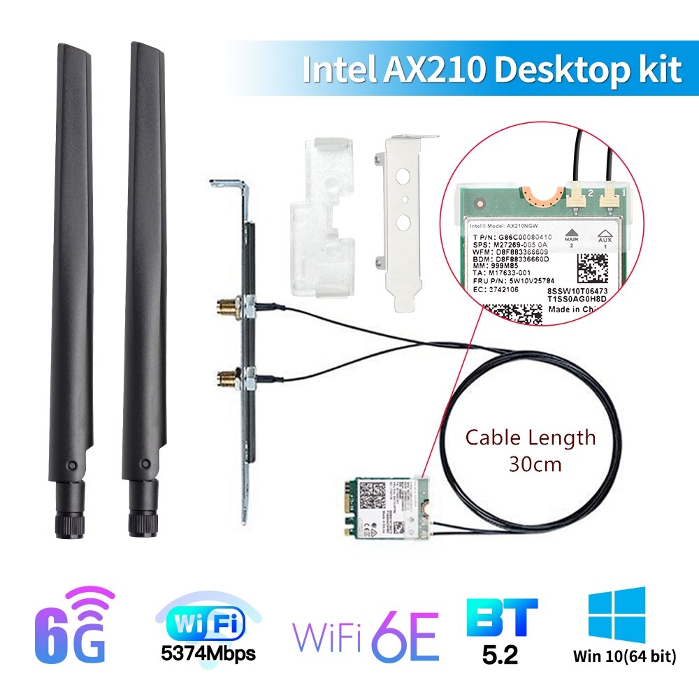 WiFi 6E Intel AX210 M.2 Karte Desktop Kit 3000Mbps 2,4G/5G/6Ghz Bluetooth 5,2 802,11 AX Drahtlose Netzwerk Adapter Antenne Windows10: AX210 Desktop Kit