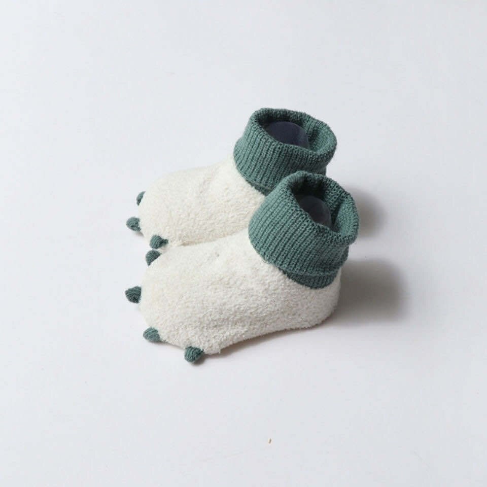 Cartoon Dinosaurus Poot Anti-Slip Baby Sokken Dikke Winter Zacht Koraal Fluwelen Vloer Sok Voor Kinderen Jongen: WHITE / 0-6M