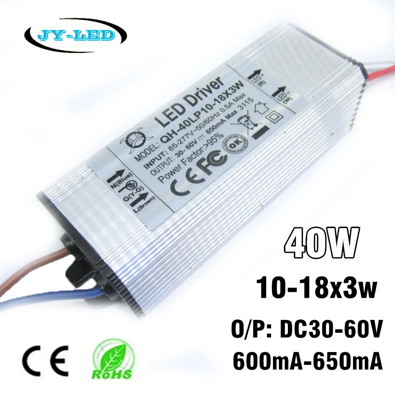 2pcs 40W LED Driver 650mA DC30-60V 10-18x3W Waterproof IP67 Constant Current Aluminum High Power LED Power Supply