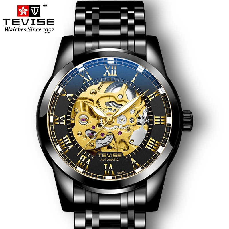 Tevise Horloges Roestvrij Staal Waterdicht Heren Skeleton Horloges Top Luxe Transparante Mechanische Sport Mannelijke Horloges