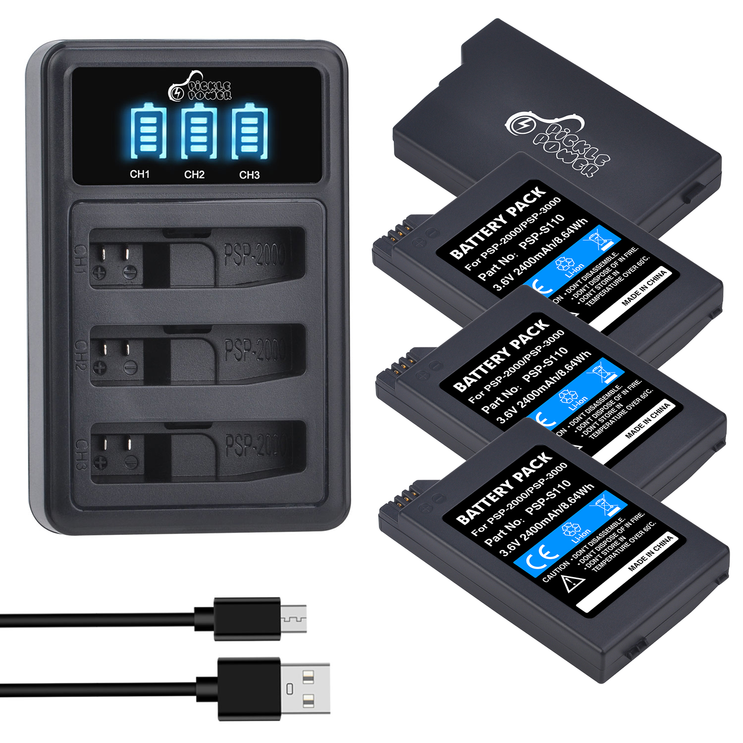Pickle Power 2400mAh PSP2000 Battery +LED 3 slots USB Charger for Sony Portable Gamepad PSP3000 PSP S110 PSP2001 PSP2002 PSP3001: 4 battery 1 charger
