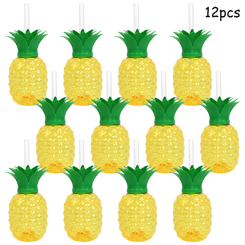 Hawaiian Summer Party Pineapple Strawberry Cup with Straw Tropical Wedding Flamingo Luau Birthday Party Decoration Drinking Cup: Olive