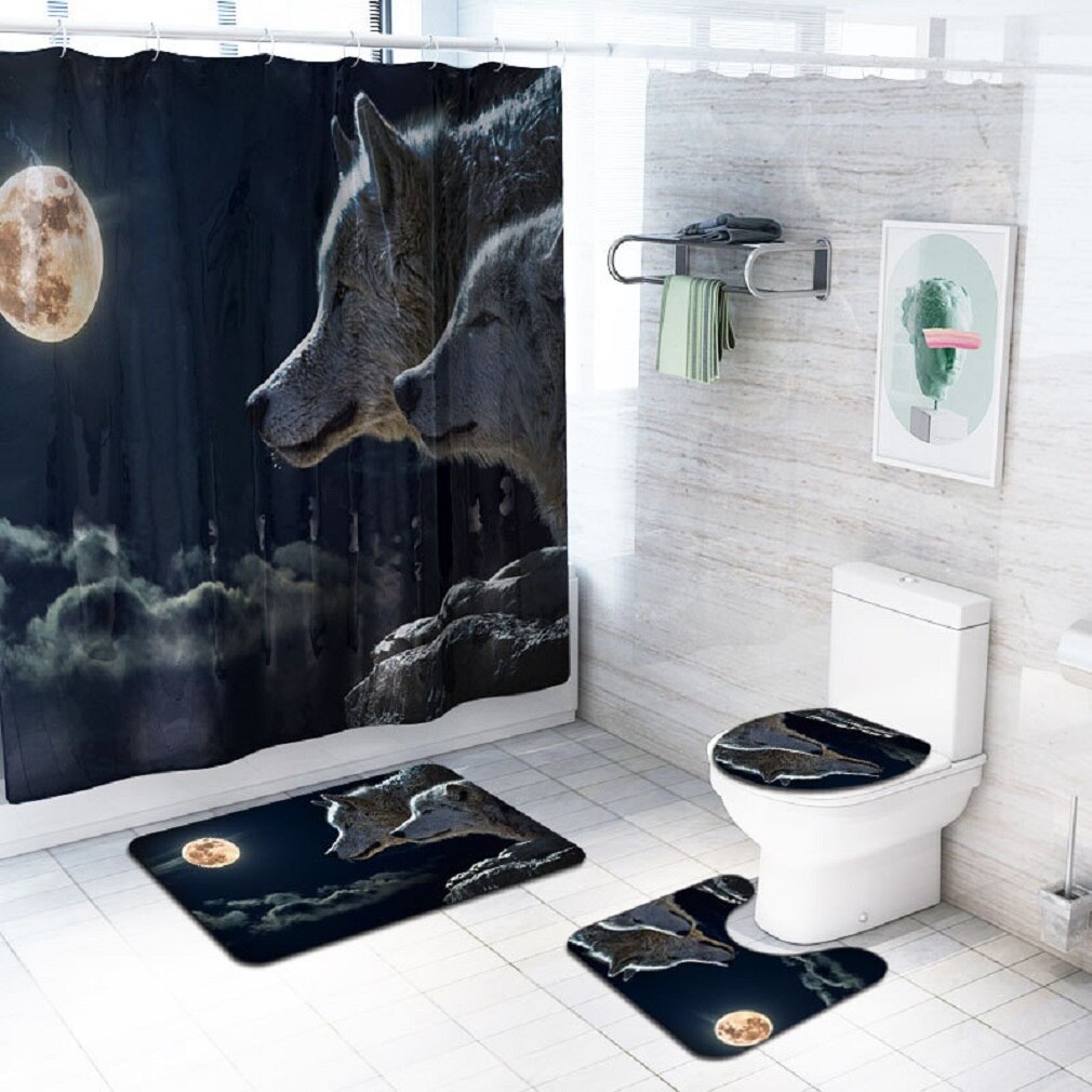 Jul 4 stk/sett baderom moon wolf sklisikker pidestall toalettlokk setetrekk badematte pidestallteppe polyester dusjforheng: En