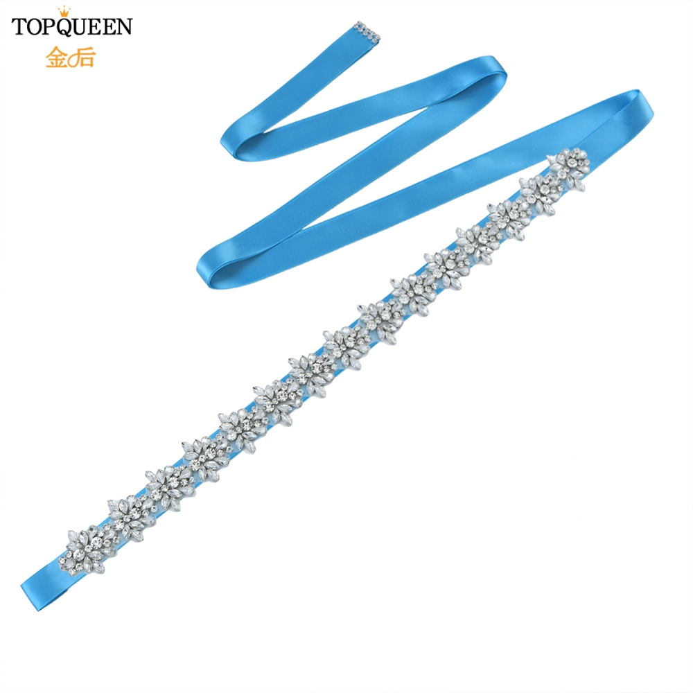 Topqueen s269 faixas de cristal de strass femininas dama de honra festa à noite cinto vestidos de noiva acessórios cintura cintos nupciais: blue ribbon