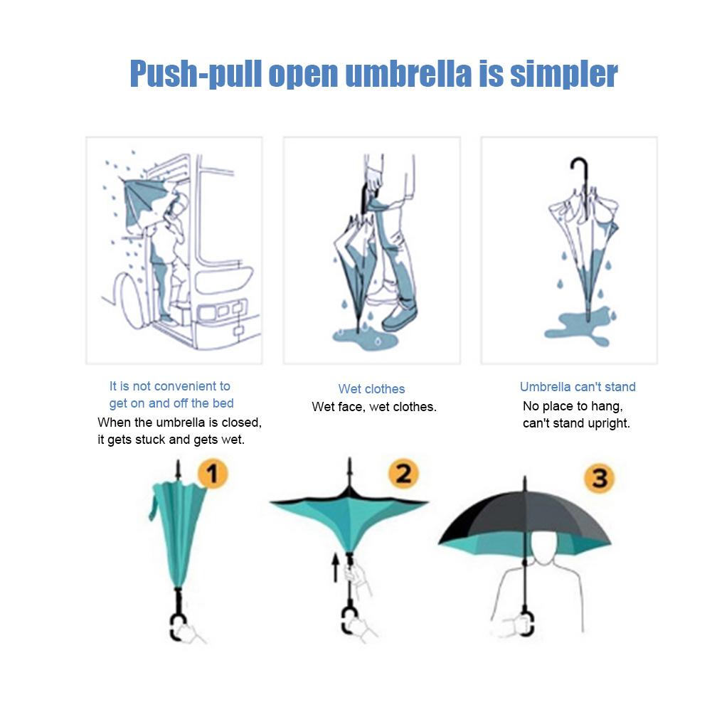 Windproof Reverse Folding Double Layer Inverted Chuva Umbrella Self Stand Rain Protection C-Hook Hands For Car