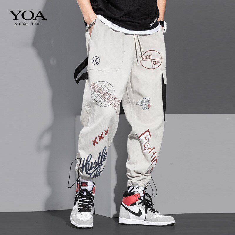 Graffiti Cargo spodnie męskie w pasie spodnie do joggingu mężczyźni list Casual spodnie ze sznurkiem męskie spodnie do biegania Streetwear