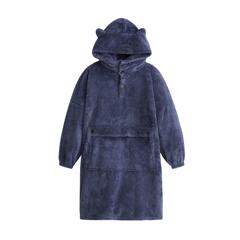 Unisex Robes Men Winter Dressing Gown Winter Warm Fleece Robe Pullover Hooded Women Winter Dressing Gown Robes Soft Bathrobe: drak-blue / 60 to 110kg