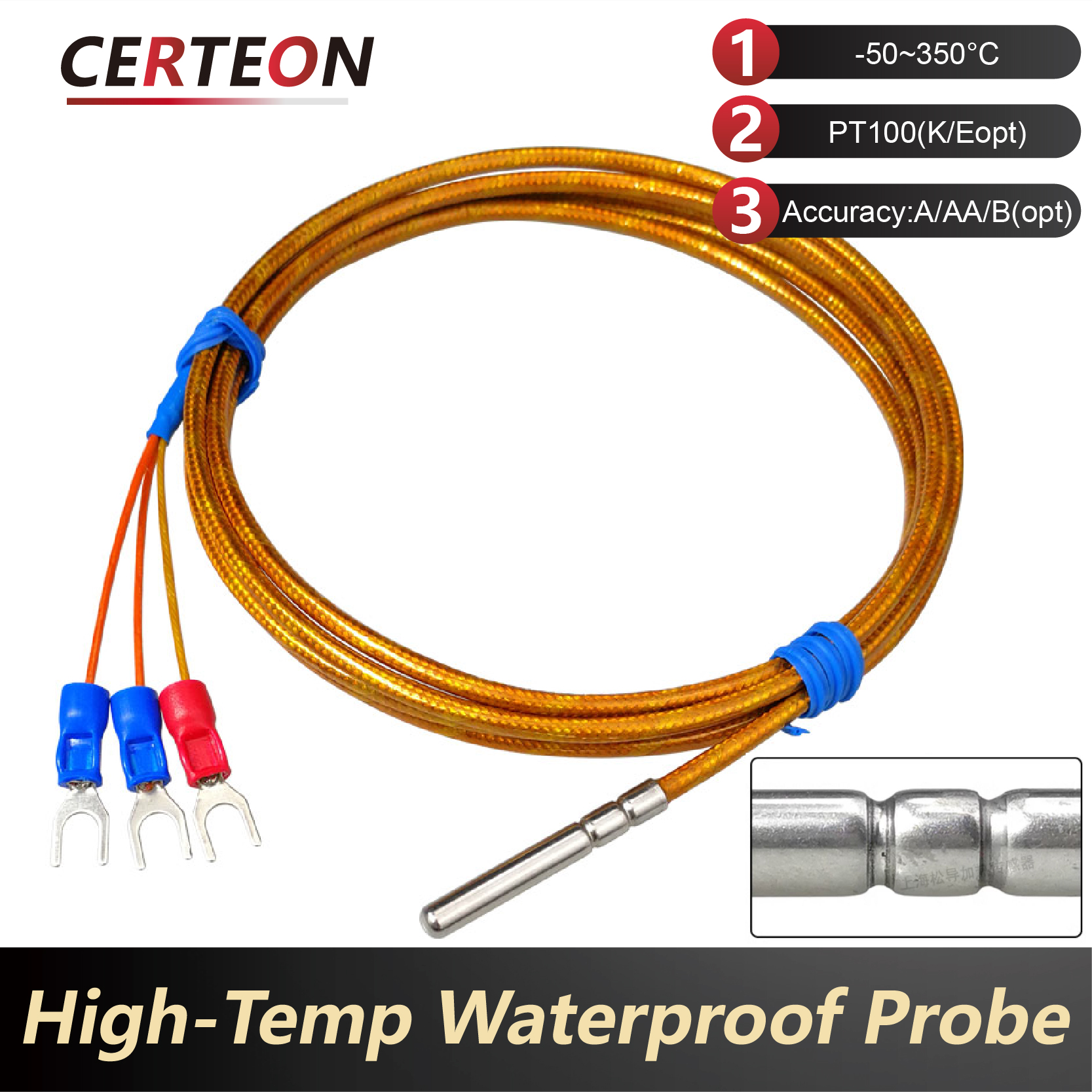 PT100 Temperature Sensor RTD Probe 350°C Platinum Resistance Waterproof High Temp Sensor Kapton Insulated Industrial Measuring