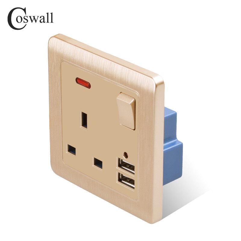 Coswall Wall Power Socket 13A UK Standard Switched Outlet 2.1A Dual USB Fast Charger Port LED indicator Gold Brushed Panel