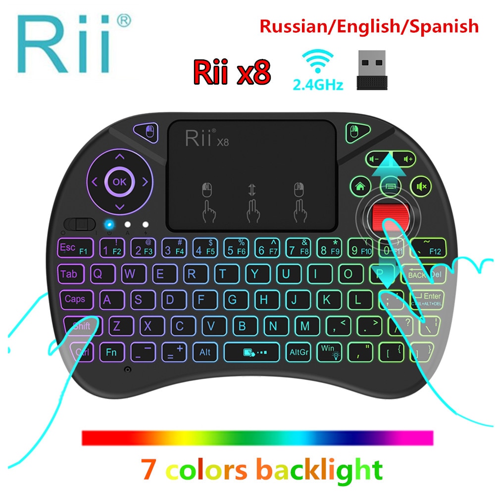 Original Rii x8 RGB Backlit Wireless mini Keyboard i8x 2.4G Fly Air Mouse Russian Spanish Touchpad Gaming for Android TV BOX PC