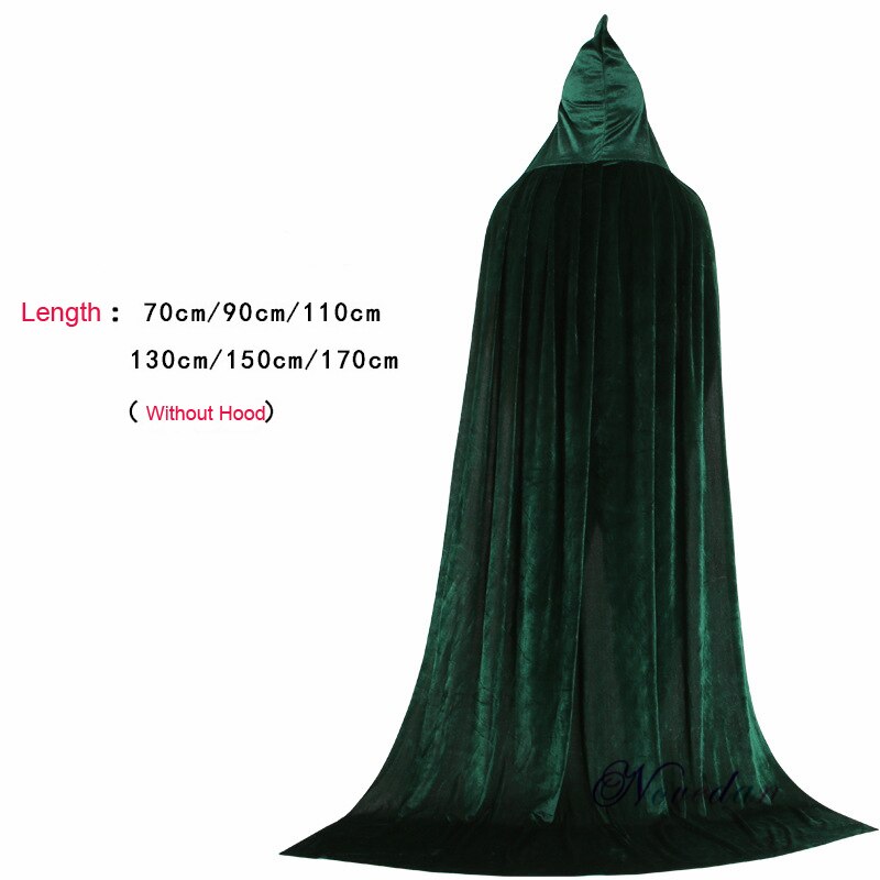 Adulto crianças halloween veludo capa com capuz traje medieval bruxa wicca vampiro elfo purim festa de carnaval: Length 70cm / Green