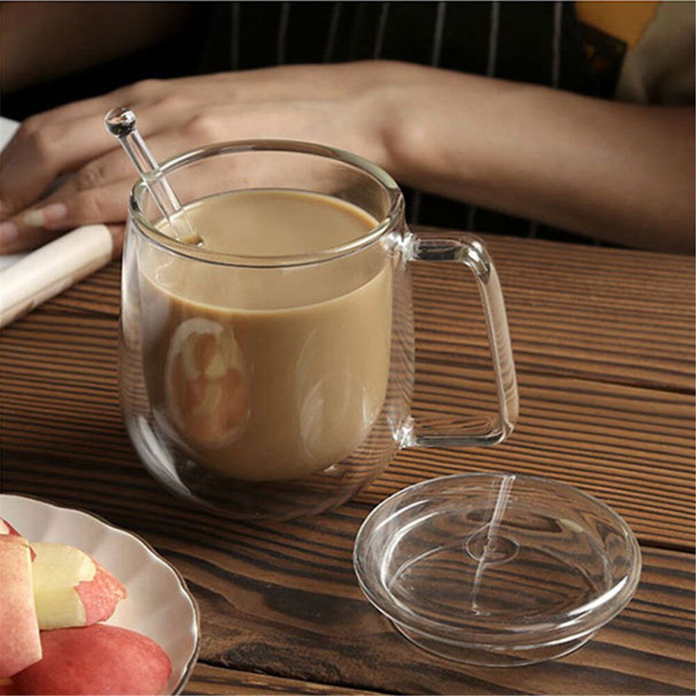 Taza de café de doble fondo con tapa, taza de cristal para botella de agua, creativa, para té, leche, desayuno, 300ml
