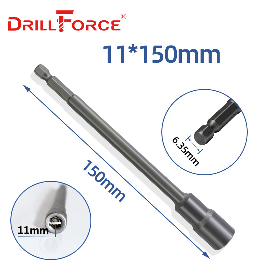 Drillforce 5.5-19x150mm Magnetic Nut Driver Set Impact Socket Sleeve Adapter Screwdriver Drill Bit 1/4" Quick Change Hex Shank: 11x150mm