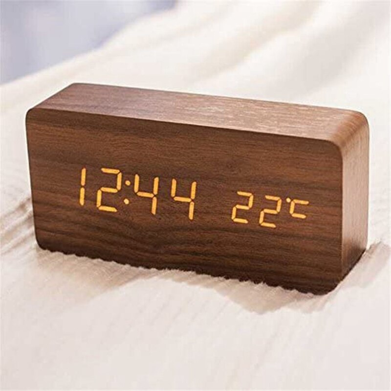 Multifunctionele led houten elektronische wekker met gedempte temperatuur, wekker met dubbel display, usb-wekker