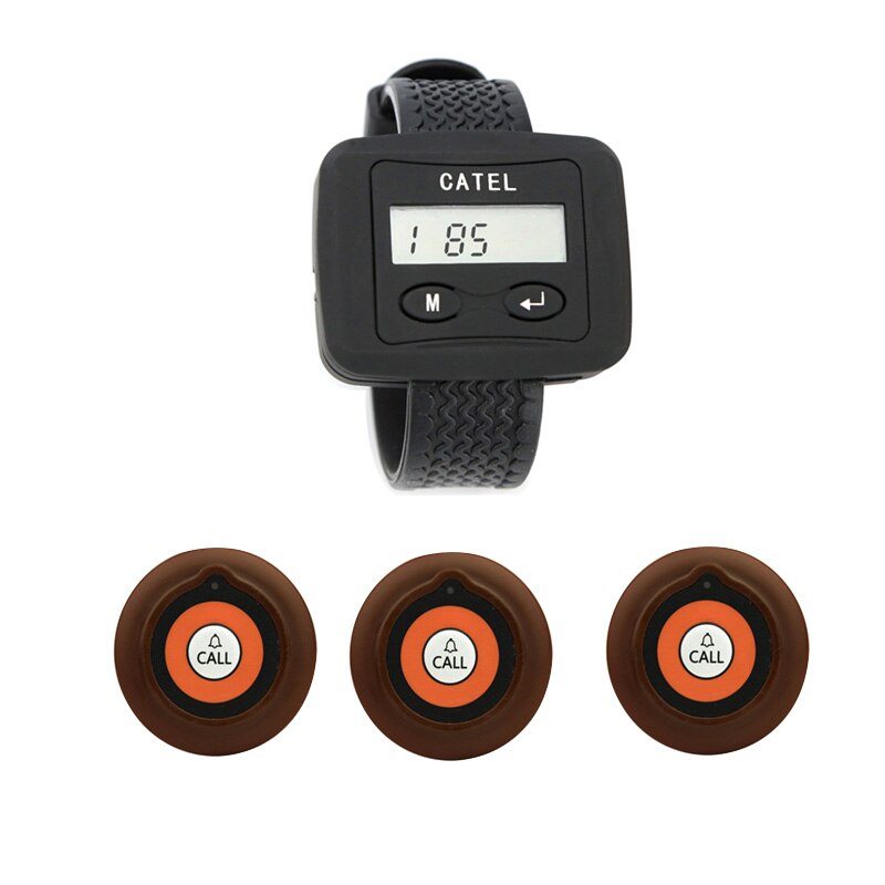 Long Distance Transmitter Wireless1 Wrist Watches Receiver Black +3 Ultrathin Call Buttons Pager White For Restaurant Cafe: Brown