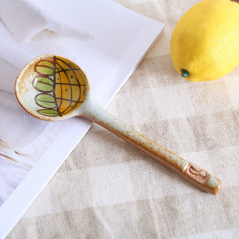 Handmade Ceramic Spoon Hand Painted Japanese Cartoon Cat Household Product Long Handle Spoon Kitchen Tableware 1 Piece: 6