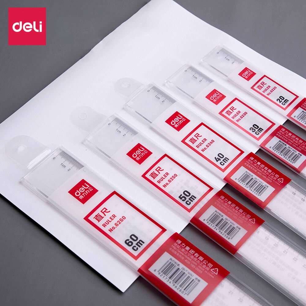Deli Multi-standard Plastic Ruler Durable 20cm/30cm/40cm/50cm/60cm For Student Office Drawing Writing Measurement Tool Stationer