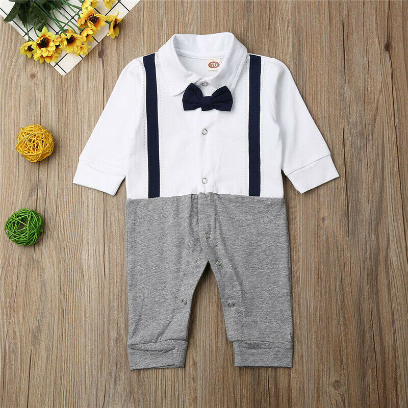 Kids Baby Jongens Gentleman Kleding Lange Mouw Knop Katoen Strik Jumpsuit Romper Herfst Outfits 0-24M