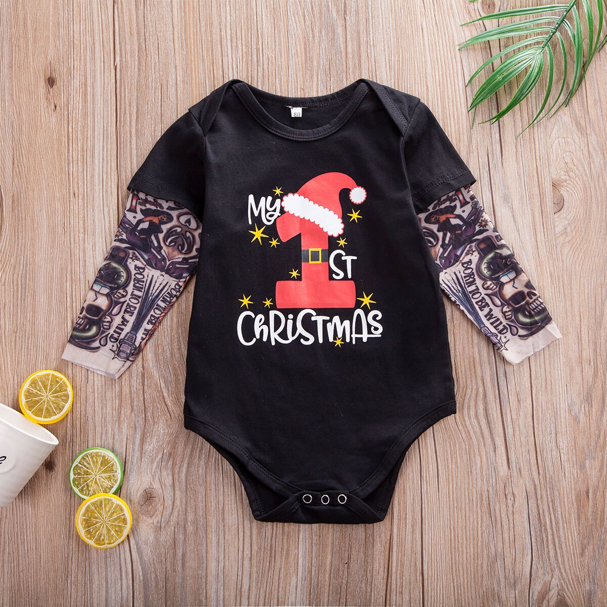Emmababy  my 1st kerst kind baby meisje jongens kerst romper bodysuit jumpsuit outfit kleding: Zwart / 12m
