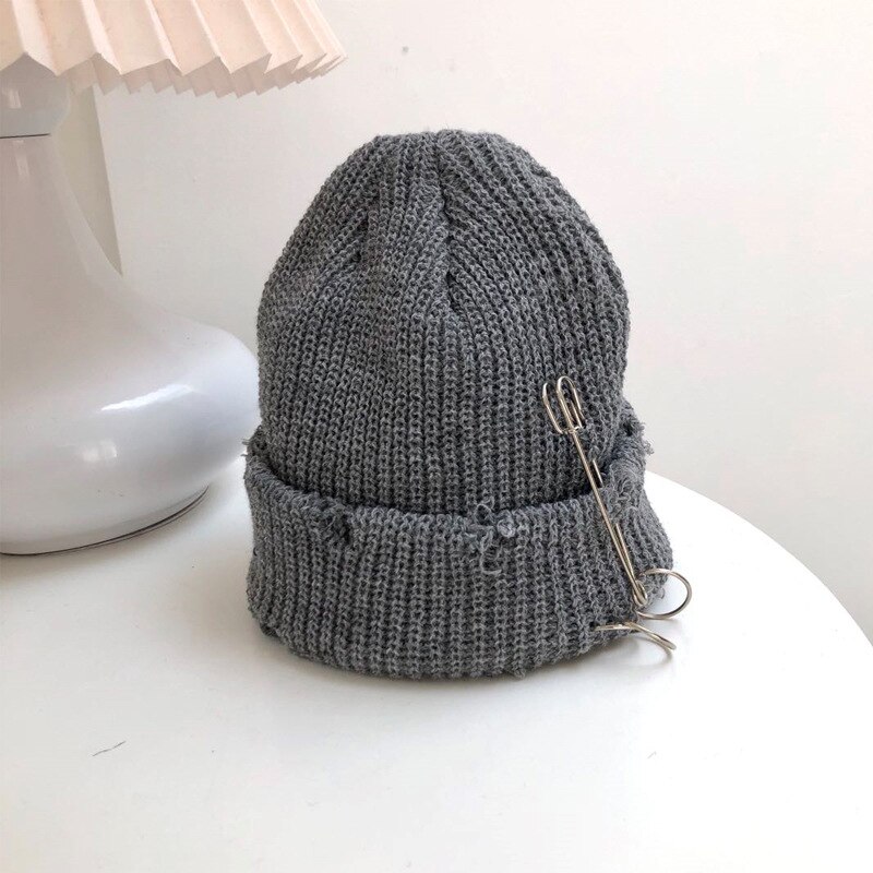 Hole Knitted Hat Doudou Guapi Hat Needle Circle Decoration Personality Hole Hat Solid Color Hip Hop Couple Hat: Gray