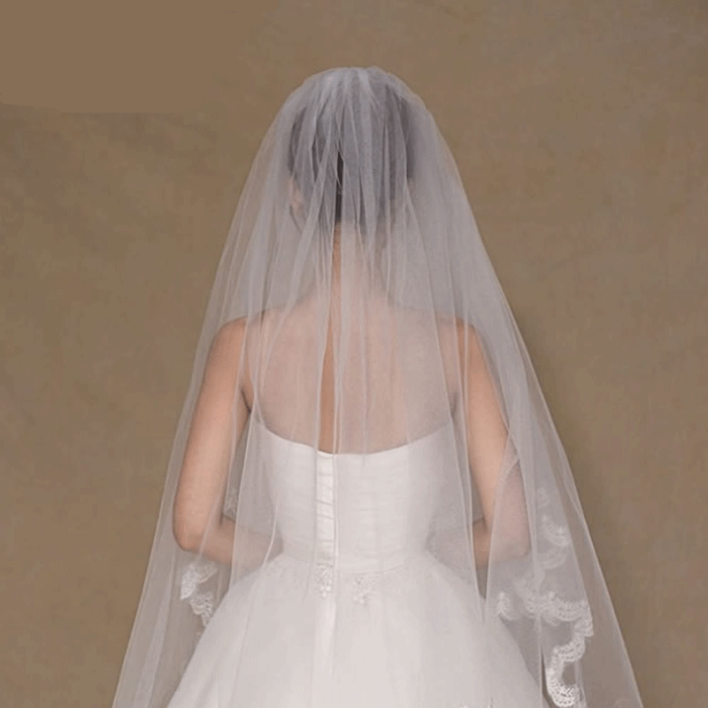 Voile de mariée ivoire, 1 niveau, voile de mariée court, bordure en dentelle avec peigne