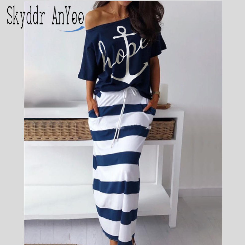 2 piese set women Hope Boat Anchor Print Off Shoulder T-Shirt Top And Striped Long Skirt Sets Summer Casual Two Piece Skirt Sets