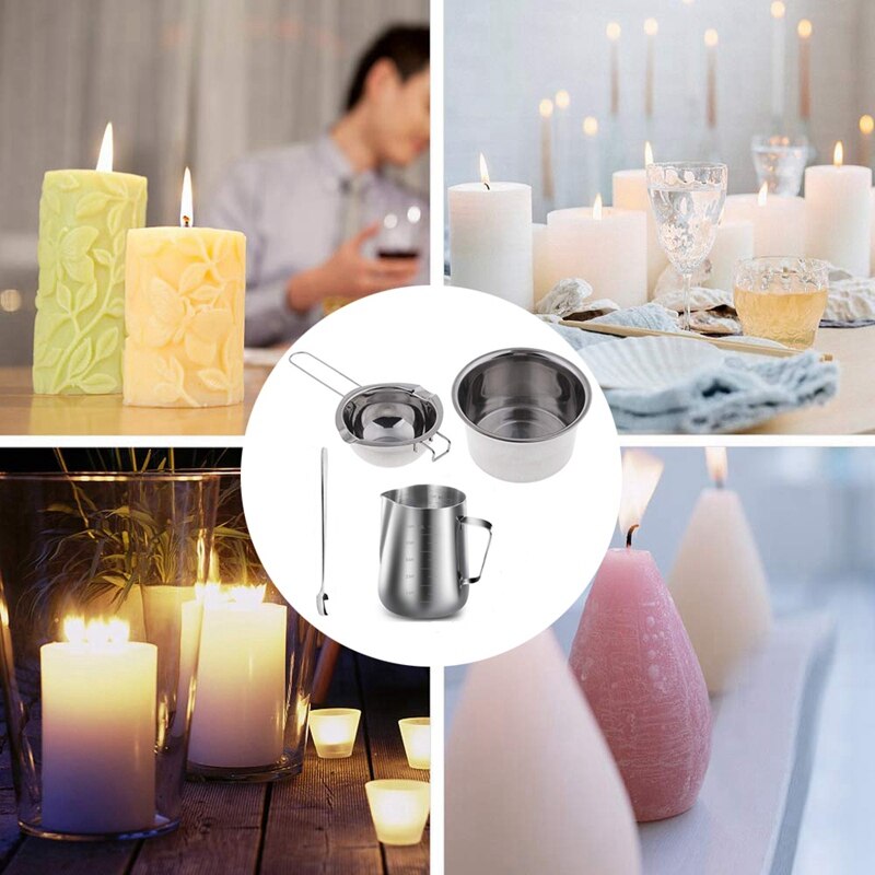 4 Set de doble caldera de acero inoxidable crisol de cera con mango largo, jarra y cuchara mezcladora, fabricación de velas de jabón, Cand perfumado DIY