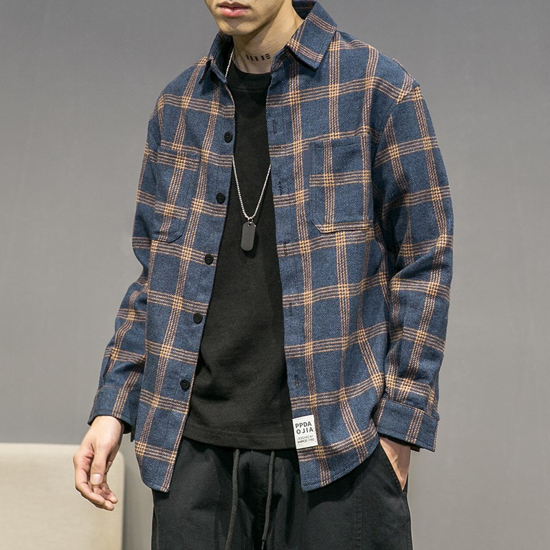 Harajuku bluse streetwear bomuld plaid skjorte til mænd 5xl koreansk stil trend teenagere frakke afslappet toppe lange ærmer