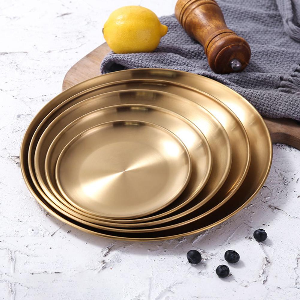 1Pcs Gold Stainless Steel Round Plate Tray Dinner Dishes Food Snacks Steak Fish Plate Eco-friendly Tableware for Kitchen Hotel