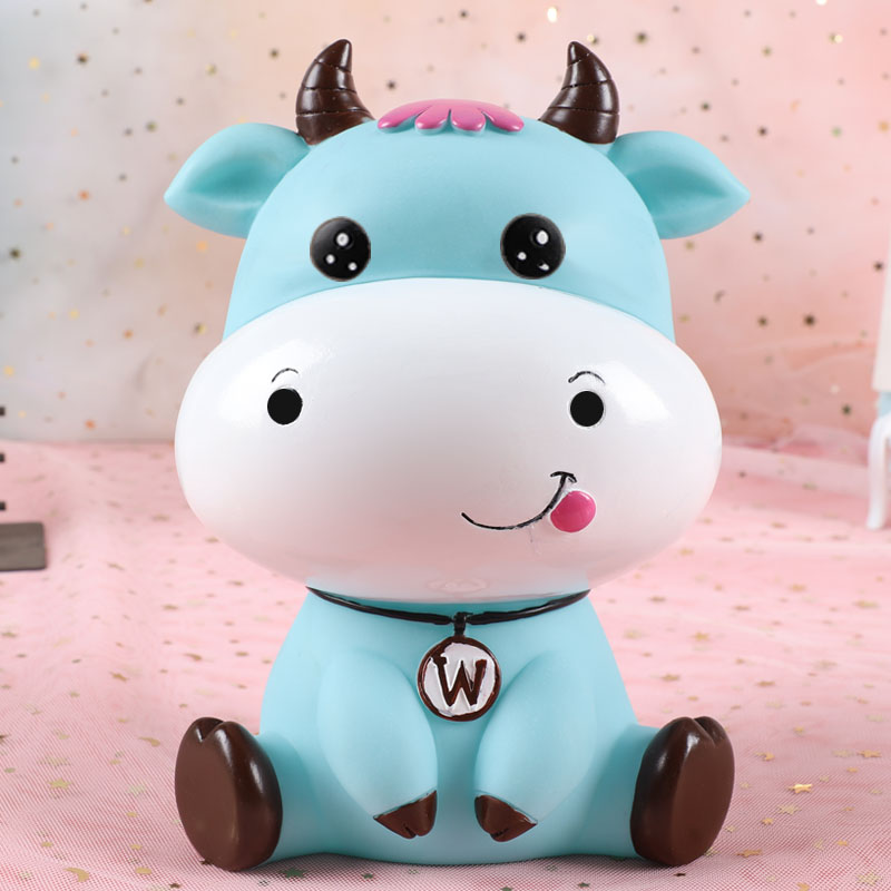 Lovely cartoon cow piggy bank -proof children can save Year of the Ox piggy bank for boys and girls ornaments: Big(blue)open