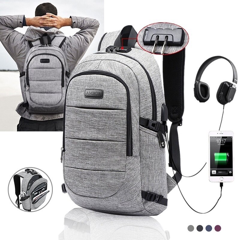 Male Casual Oxford Backpack Waterproof Laptop Business Backpacks Men Women Travel USB Charging Anti theft Bag: gray backpack