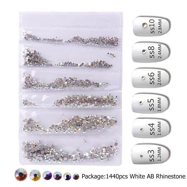 1440 stk ab hvide negle rhinestones sat flad tilbage negle strass krystal sten 3d nail art dekoration tilbehør værktøj  la880: 31