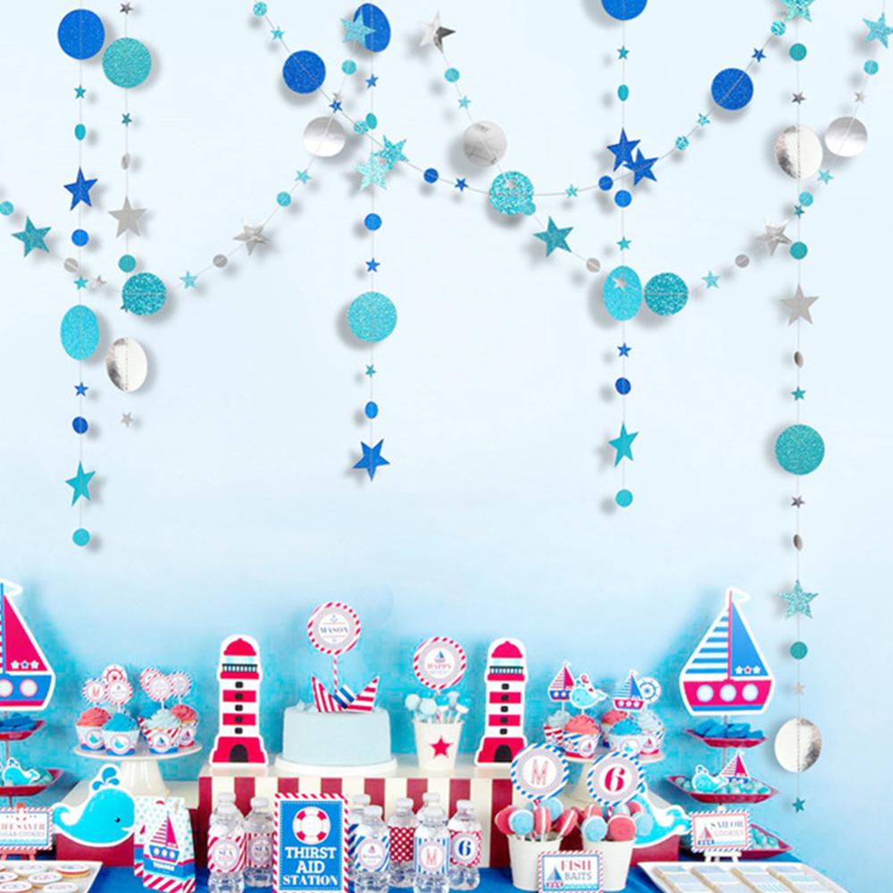 Jul 4m rund skive efterår tema hængende banner bunting fest klasseværelse fødselsdag indretning ornament hus vindue: Blå sølv