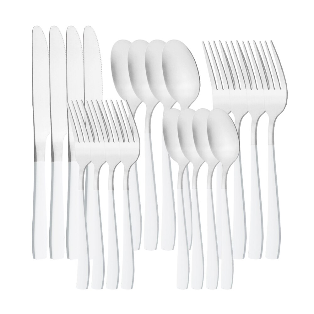 Couverts en acier inoxydable, 20 pièces, noir mat, service de table, couteau à dîner, fourchette à Dessert, cuillère, vaisselle de table, couverts de cuisine pour la maison: White Silver