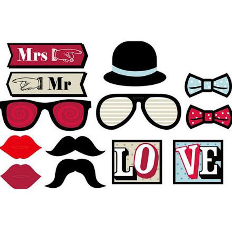 14pcs/set Wedding Party Photo Props Mask Set Beard Hat Glasses Lips Bow Tie Party Decoration Photo Props