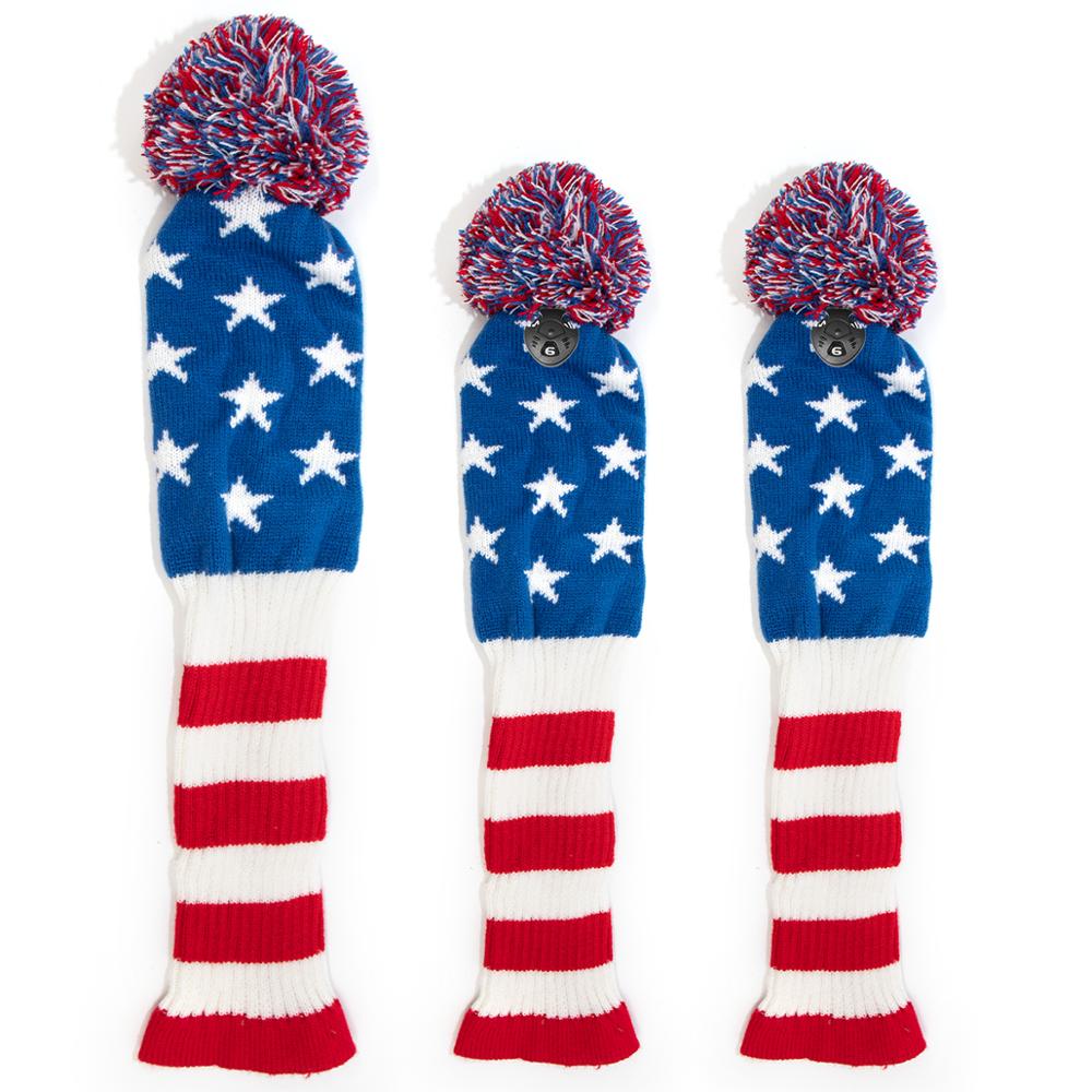 Usa golf breiwol hoofdhoes 3 stuks/set golfclub hoofdhoesset amerika golf houten hoes 135 driver fairway hoofdhoezen met label