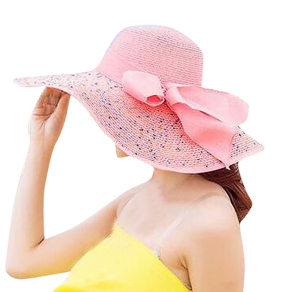 Chapeau de soleil en paille Beige à large bord pour femmes, nouvelle , pliable, plage, Beige, respirant, plein air, Gorros: Rose