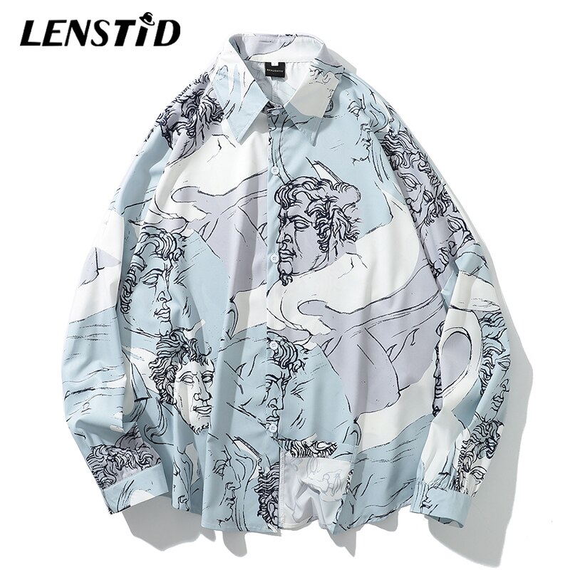 LENSTID Men Hip Hop Long Sleeve Thin Loose Shirt Streetwear Characters Print Hawaiian Shirt Oversized Autumn Harajuku Tops Shirt