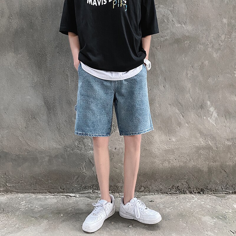 Pantalones cortos vaqueros de pierna ancha de estilo coreano para hombre, Vaqueros cortos holgados, rectos e informales, ropa de Retro, novedad de verano 2022