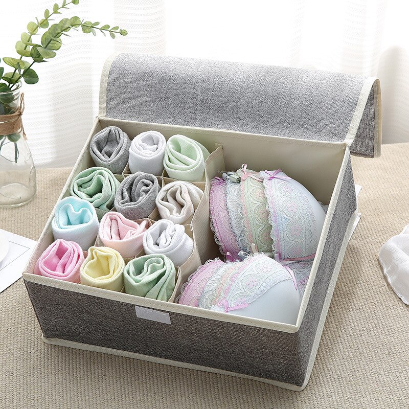 Cajón de almacenamiento de sujetador, organizador de armario, cajas plegables de algodón lavable, caja de acabado de lino portátil con cubierta, ropa interior y calcetines: Dark gray 13 grid