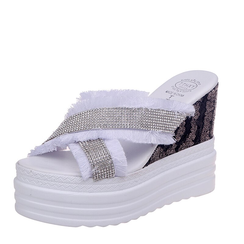Rimocy Women Wedges Sandals Platform with Crystal Ripped Cross Strap Slippers Summer Super High Heels Slides Shoes Woman: White / 35