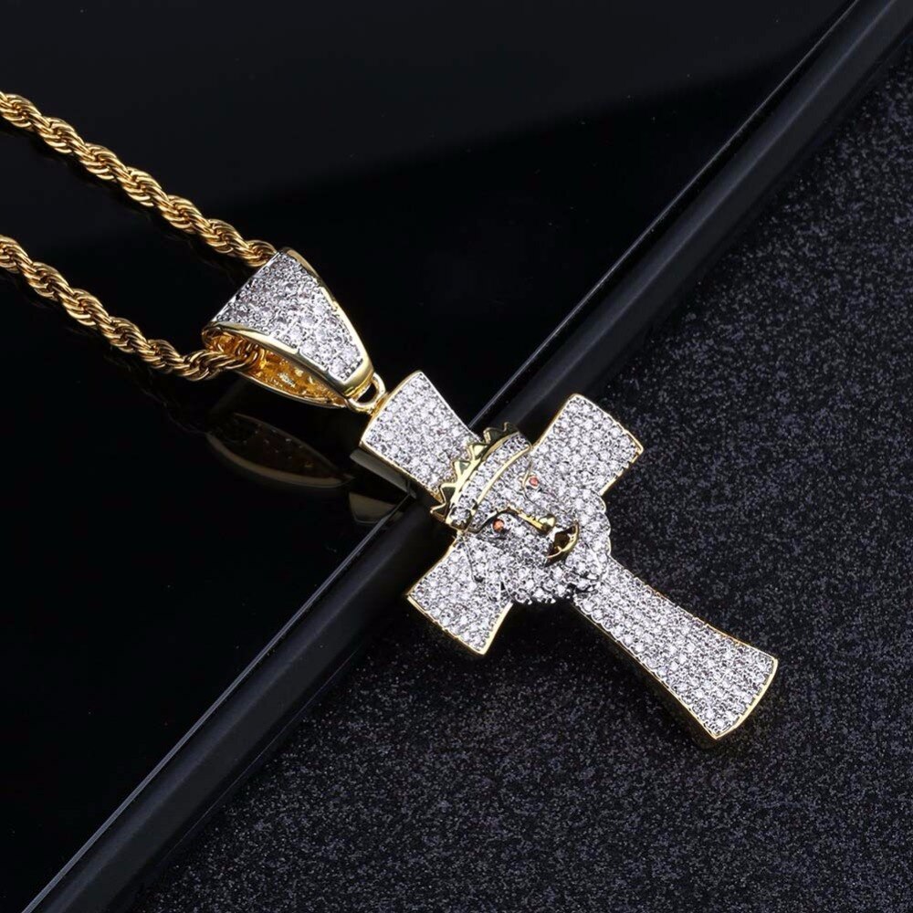 Hip Hop rapero Micro AAA + CZ hielo Bling oro corona León colgantes de Cruz collar de Signet para hombre joyería