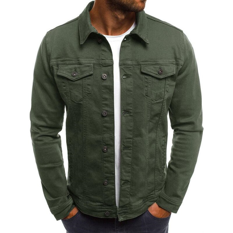 Chaquetas ajustadas de mezclilla para hombre, ropa de calle informal, con cuello vuelto, de un solo pecho, color sólido, otoño: ArmyGreen / M