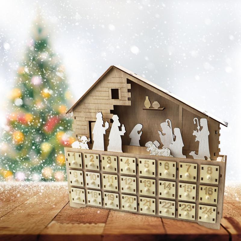 Wooden Countdown Christmas Led Light Calendar Box Cabinet Nativity Manger Home Decoration Accessories
