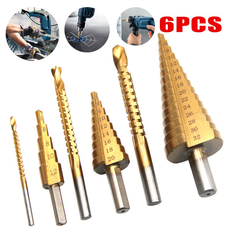 6PCS 4-12/20/32mm Large HSS Steel Step Cone Cut Set Drill Tools Titanium Drill Bits Hole Cutter Durable Coated Metal Drill Bit