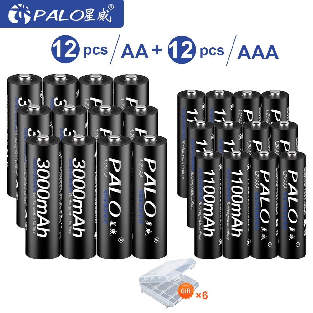 PALO 1.2V 3000mAh AA Rechargeable Battery and 1100mAh AAA Rechargeable Batteries For Toys Car 1.2V AA AAA Battery: 12 PCS AA AAA
