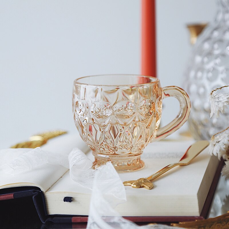 Guld relief glas kop kaffe te kopper og krus morgenmad mælkesaft kaffekrus håndtere drinkware elskere par til fest