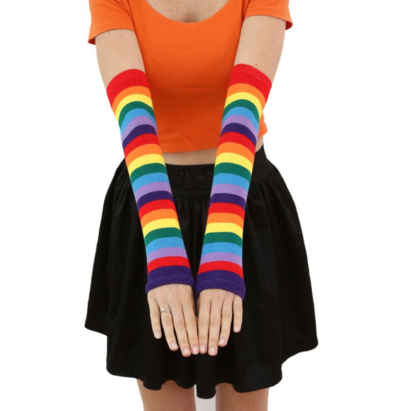 Mujer niña codo de punto, calentador de manga de brazo para protección solar Rayas Patchwork guantes sin dedos con agujero de pulgar disfraz