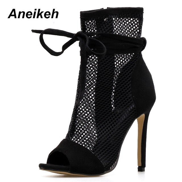 Aneikeh couleur assortie maille bottines été dames bout pointu talons hauts pieds nu sangles chaussures Stiletto: black / 8
