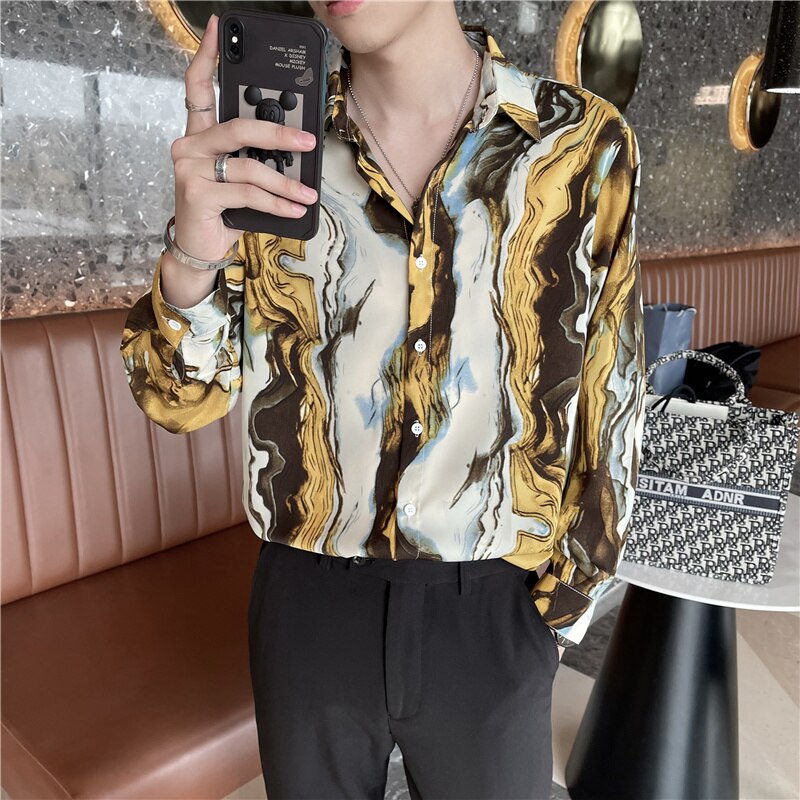 Camisas holgadas con estampado de arte a rayas para hombre, camisa informal de manga larga, ropa de calle de gran tamaño, blusa de esmoquin para Social, 2022